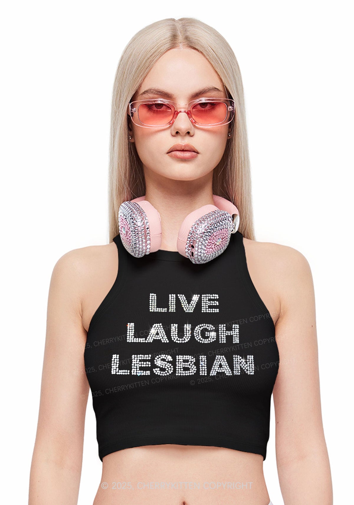 Rhinestone Live Laugh Lesbian Pride Y2K Crop Tank Top Cherrykitten