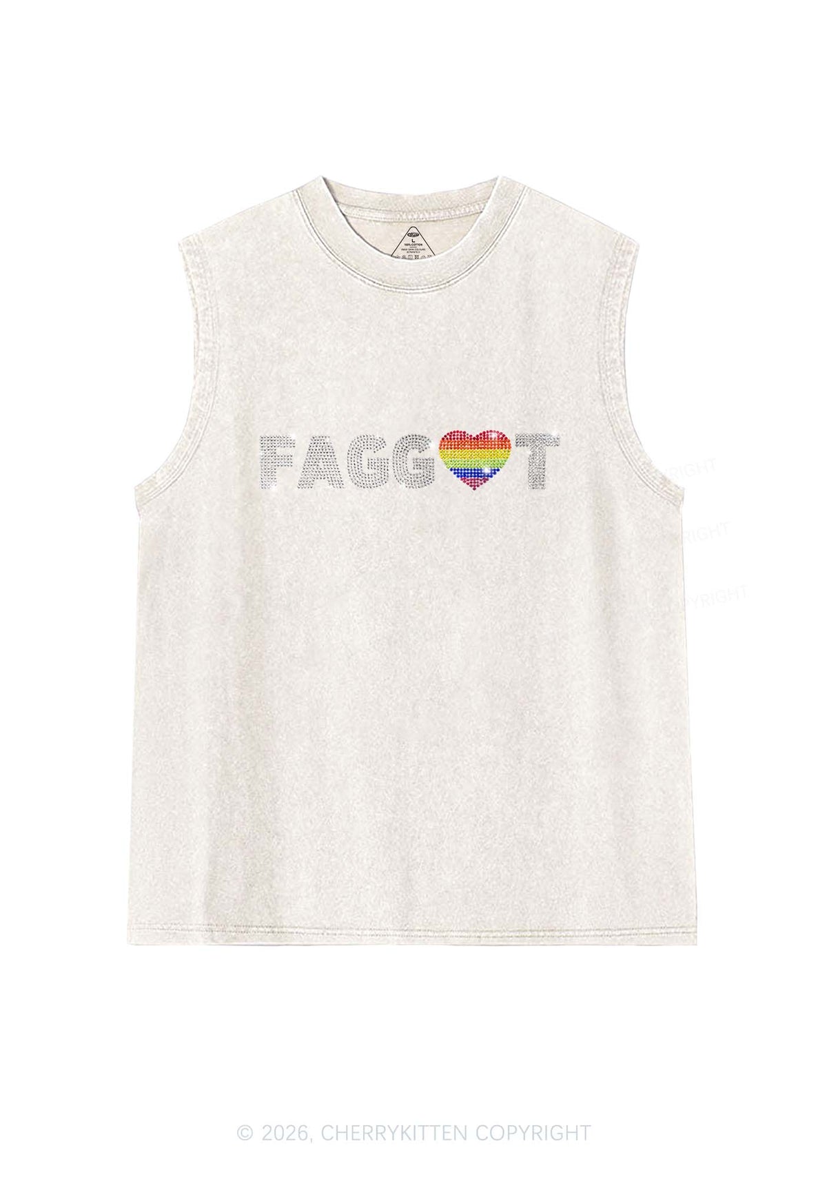 Rhinestone Rainbow Heart Faggot Pride Y2K Washed Muscle Tank Cherrykitten