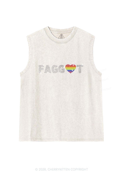 Rhinestone Rainbow Heart Faggot Pride Y2K Washed Muscle Tank Cherrykitten