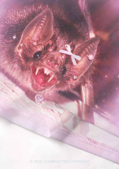 Halloween Pink Bow Bat Y2K Mesh Crop Top Cherrykitten