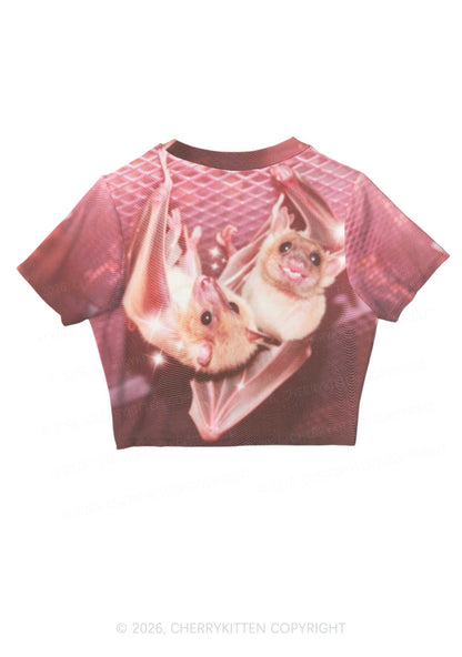 Halloween Two Baby Bats Y2K Mesh Crop Top Cherrykitten