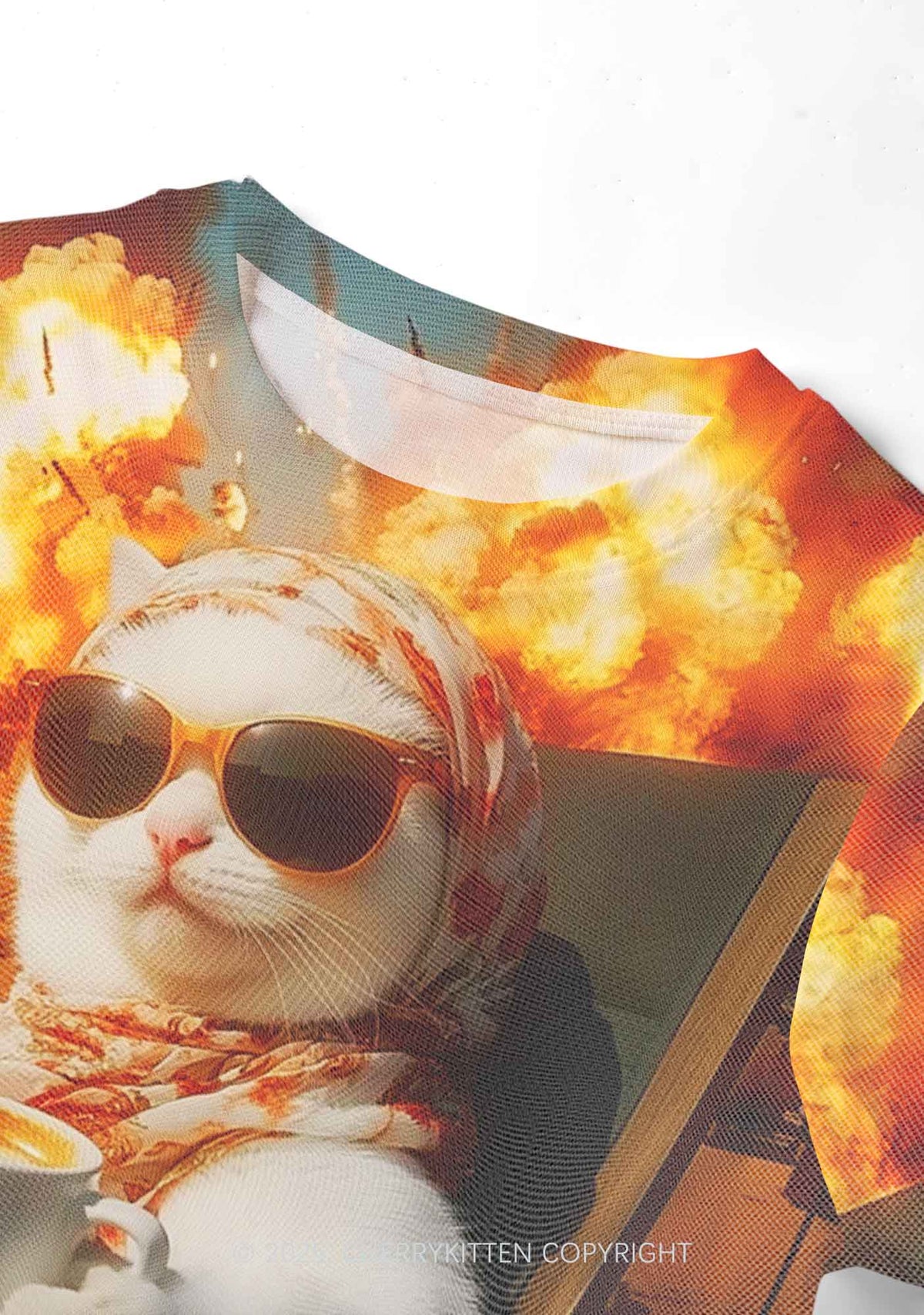 Cool Cat Enjoying Coffee Y2K Mesh Crop Top Cherrykitten