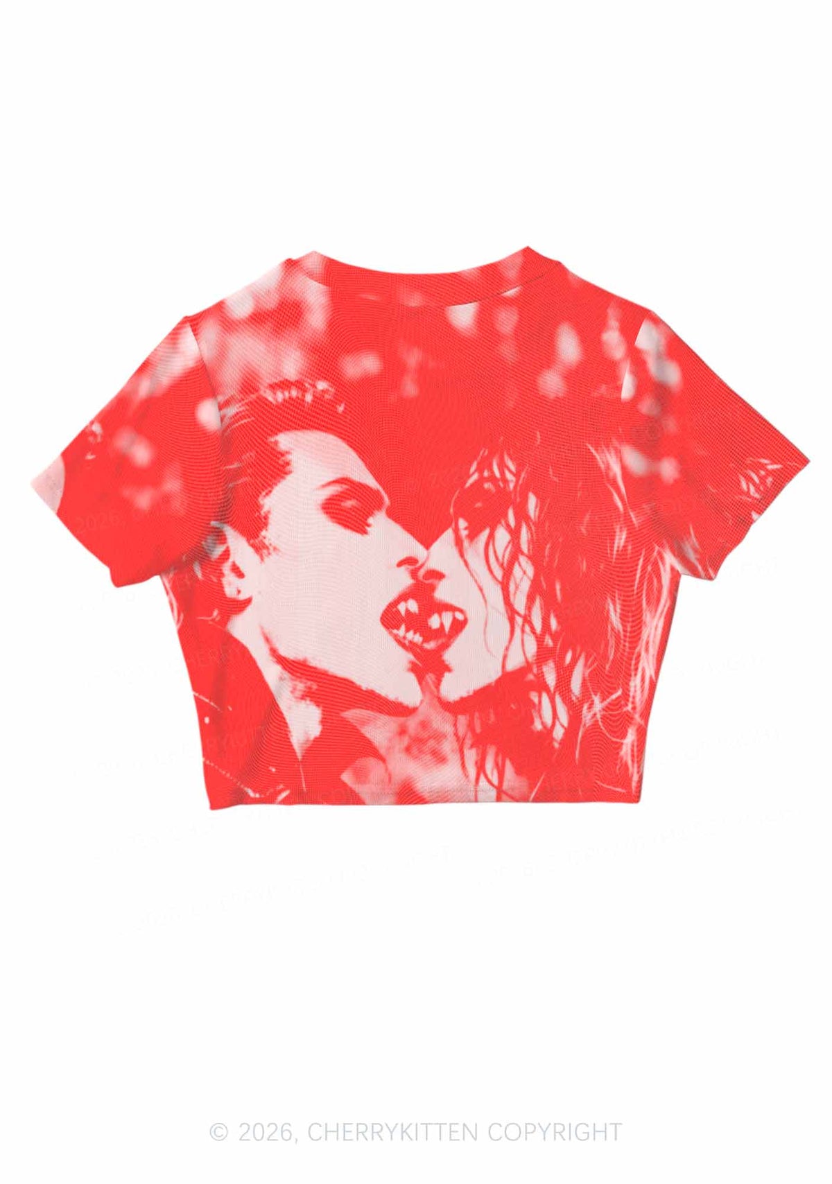 Halloween Red Pixels Vampire Couple Y2K Mesh Crop Top Cherrykitten