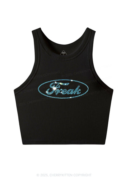 Rhinestone Oval Freak Y2K Crop Tank Top Cherrykitten