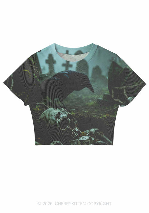 Halloween Raven On Skull Y2K Mesh Crop Top Cherrykitten