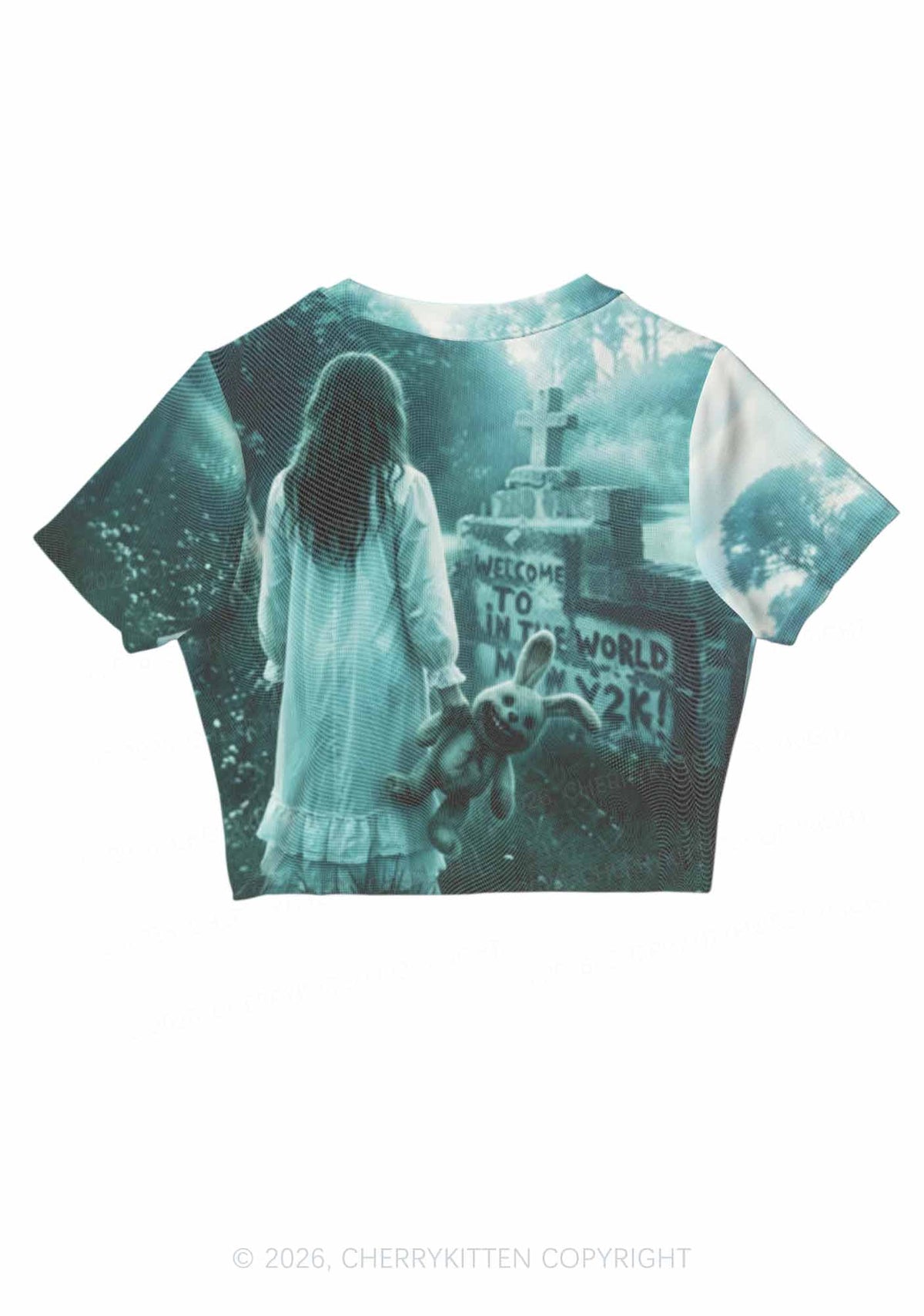 Halloween Graveyard Bunny Doll Y2K Mesh Crop Top Cherrykitten