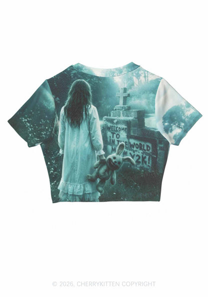 Halloween Graveyard Bunny Doll Y2K Mesh Crop Top Cherrykitten