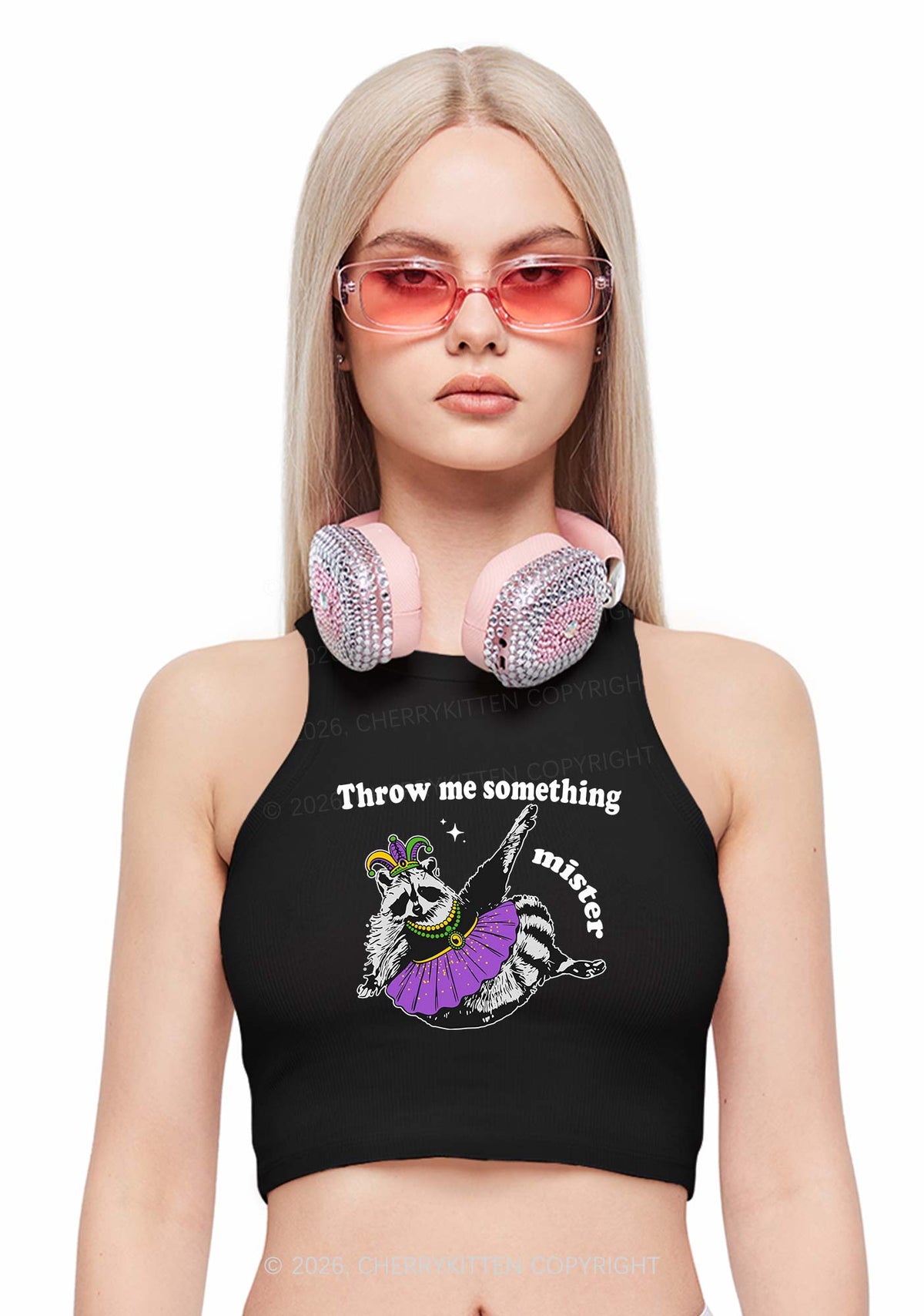 Throw Me Something Mister Raccoon Y2K Crop Tank Top Cherrykitten