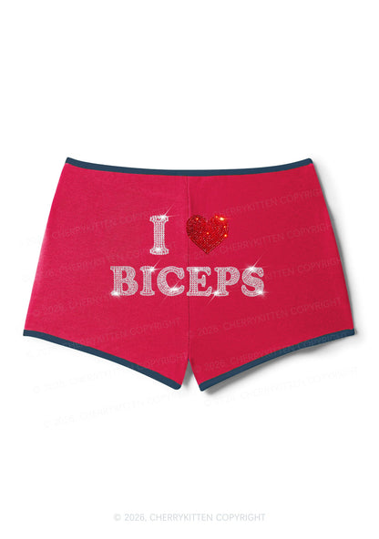 Rhinestone I Love Biceps Y2K Booty Shorts Cherrykitten