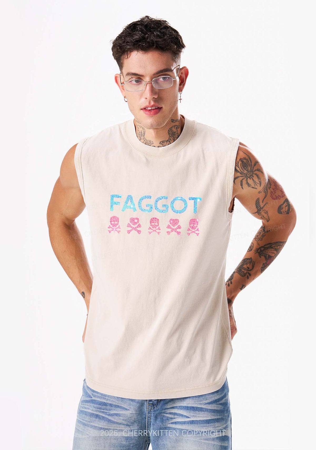Rhinestone Faggot Skull Pride Y2K Washed Muscle Tank Cherrykitten
