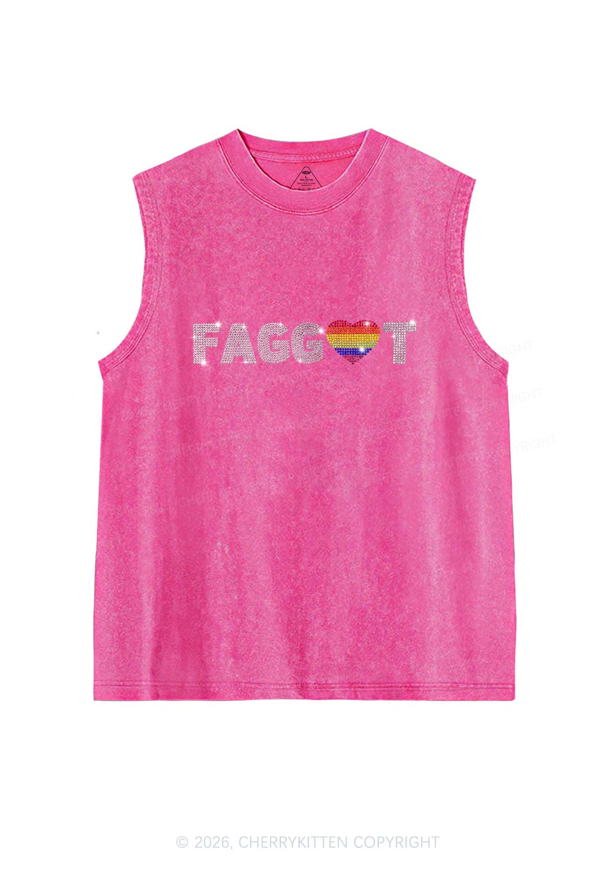 Rhinestone Rainbow Heart Faggot Pride Y2K Washed Muscle Tank Cherrykitten
