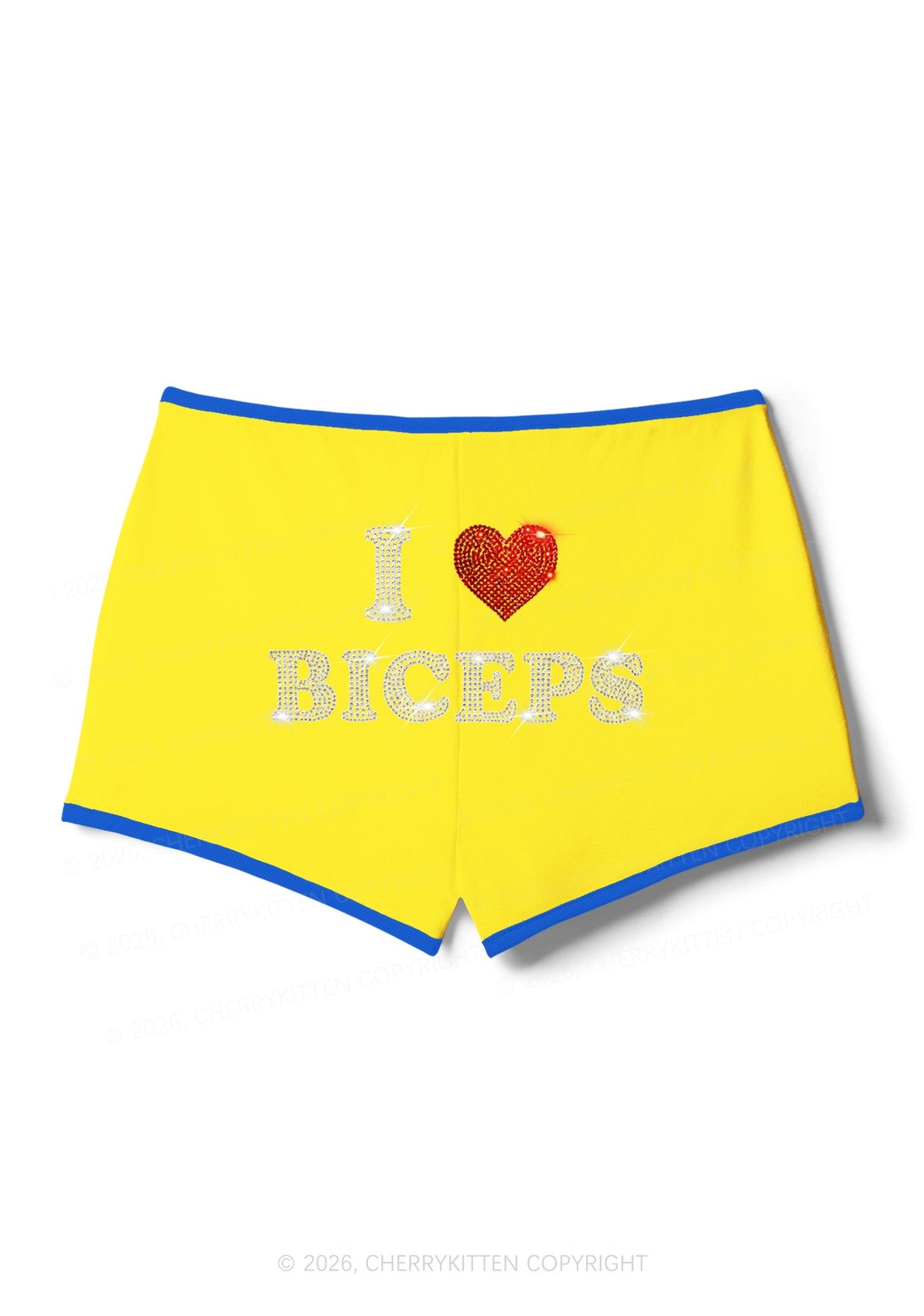 Rhinestone I Love Biceps Y2K Booty Shorts Cherrykitten