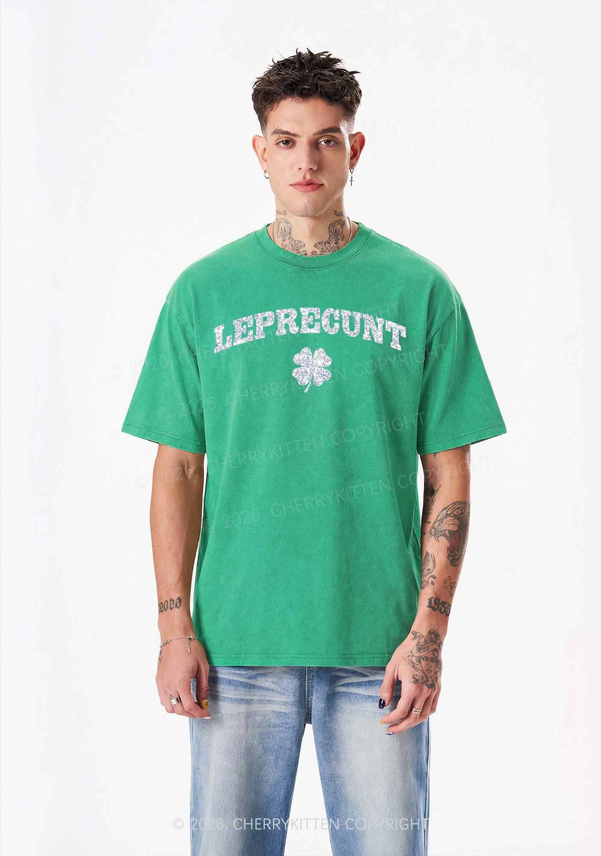 Glitter Leprecunt St Patricks Y2K Shirts Washed Tee Cherrykitten