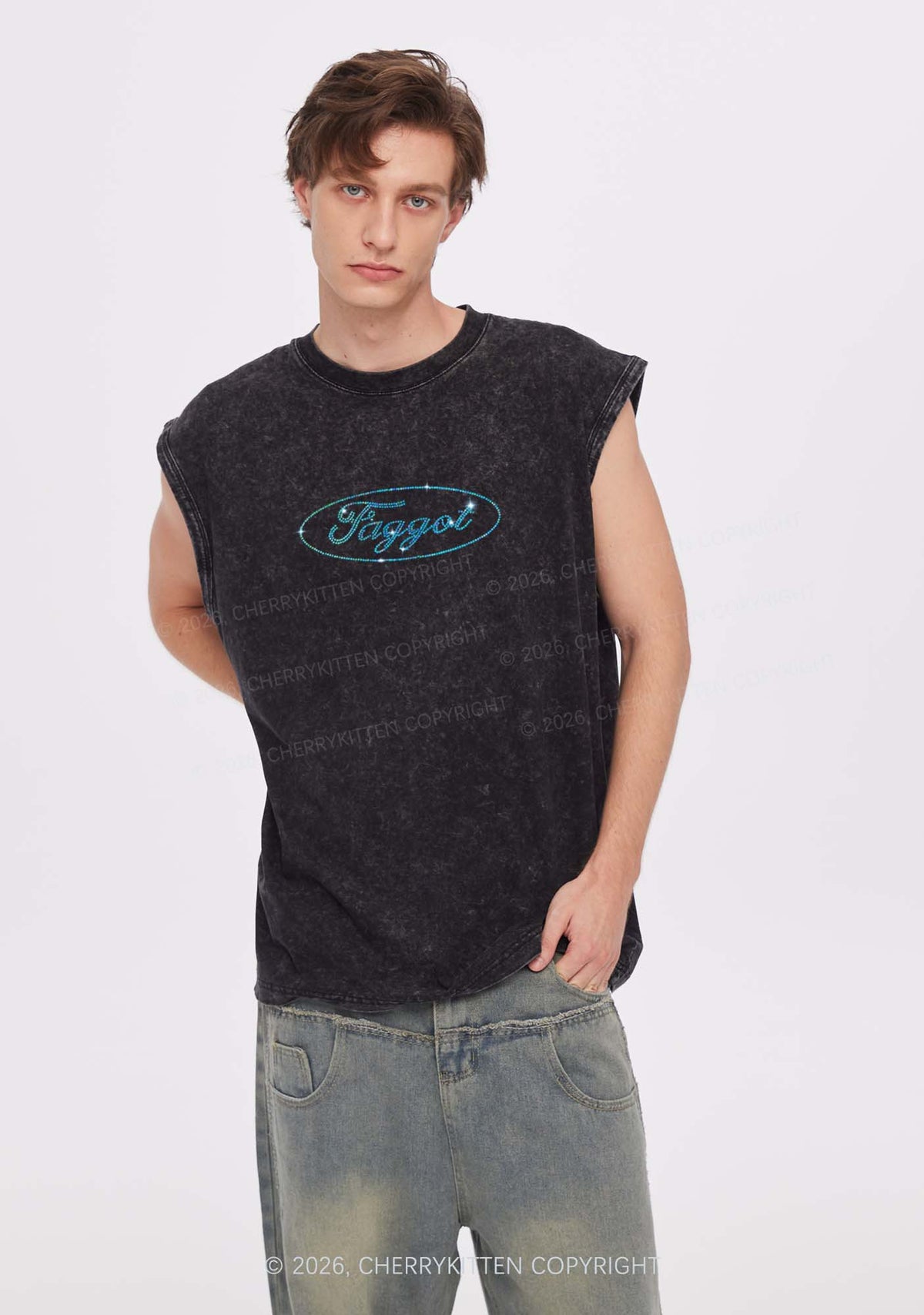 Rhinestone Oval Faggot Pride Y2K Washed Muscle Tank Cherrykitten