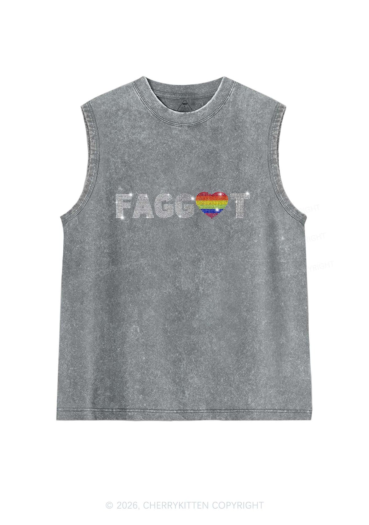 Rhinestone Rainbow Heart Faggot Pride Y2K Washed Muscle Tank Cherrykitten