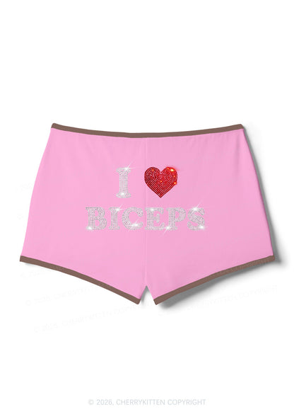 Rhinestone I Love Biceps Y2K Booty Shorts Cherrykitten