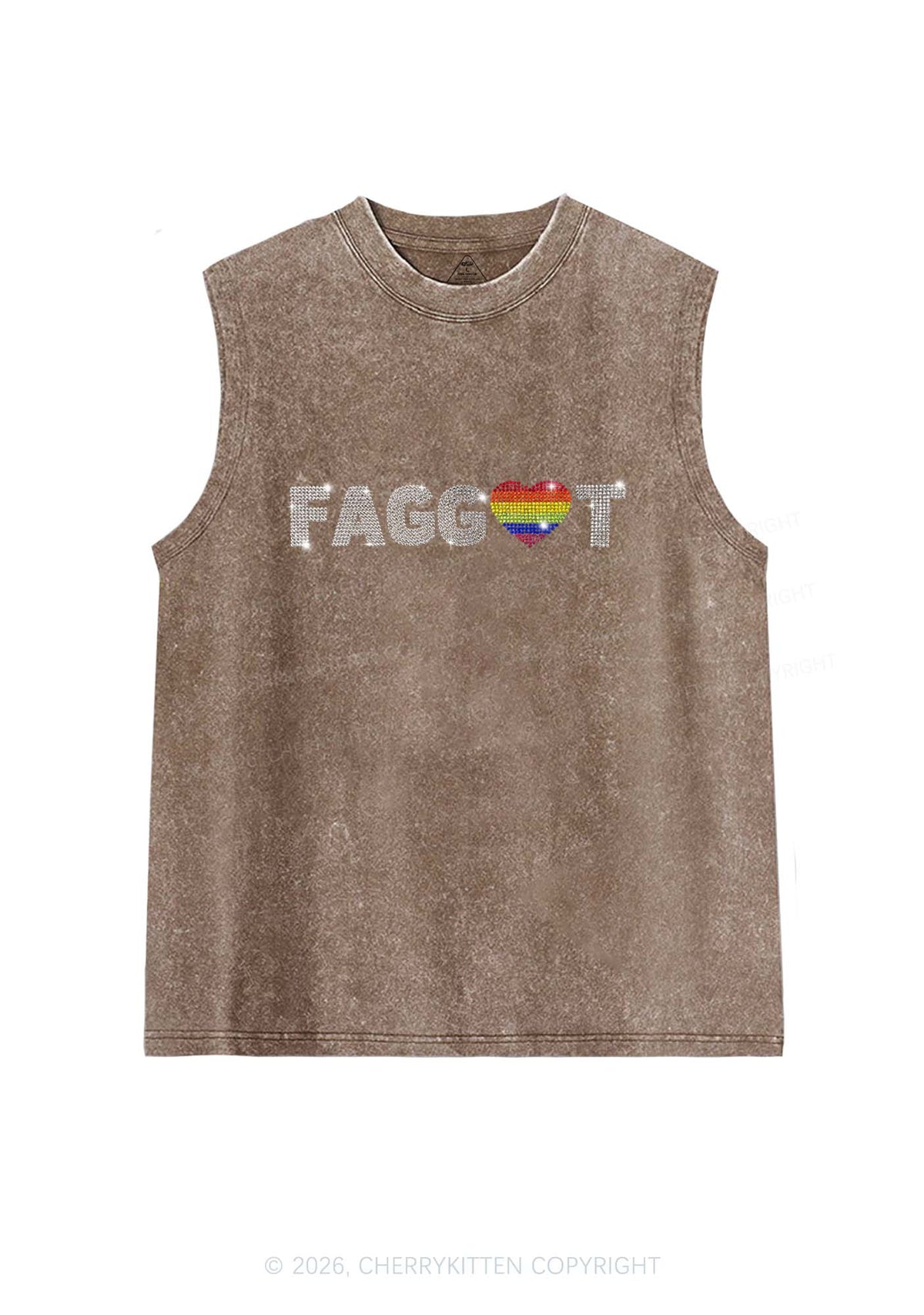 Rhinestone Rainbow Heart Faggot Pride Y2K Washed Muscle Tank Cherrykitten