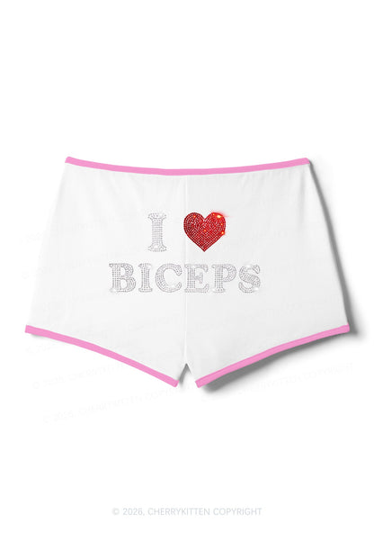 Rhinestone I Love Biceps Y2K Booty Shorts Cherrykitten