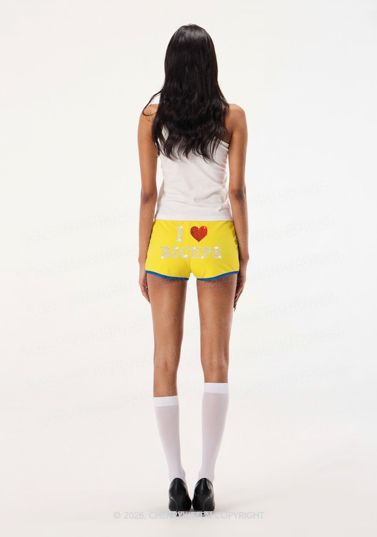 Rhinestone I Love Biceps Y2K Booty Shorts Cherrykitten