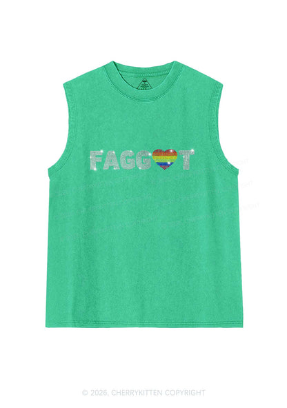Rhinestone Rainbow Heart Faggot Pride Y2K Washed Muscle Tank Cherrykitten