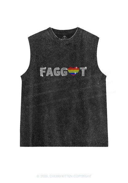 Rhinestone Rainbow Heart Faggot Pride Y2K Washed Muscle Tank Cherrykitten