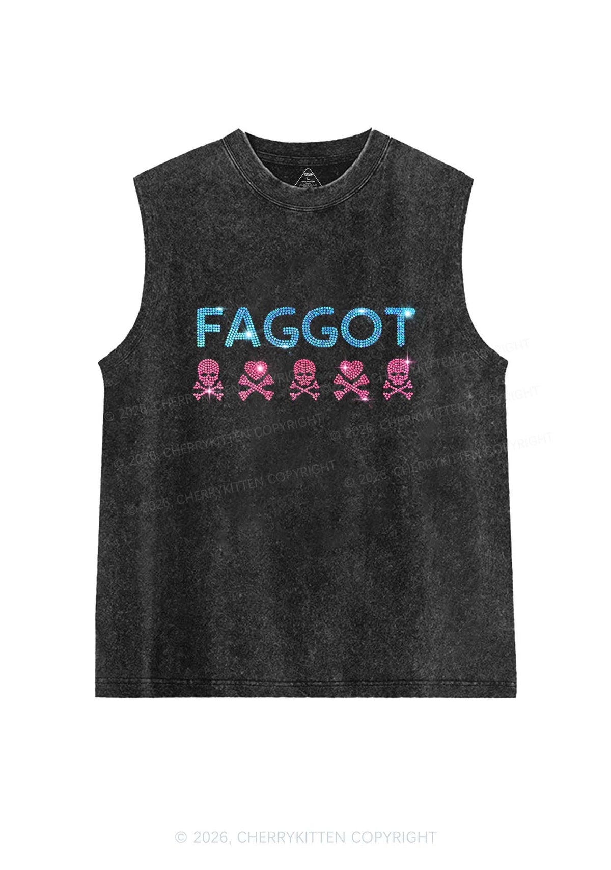 Rhinestone Faggot Skull Pride Y2K Washed Muscle Tank Cherrykitten