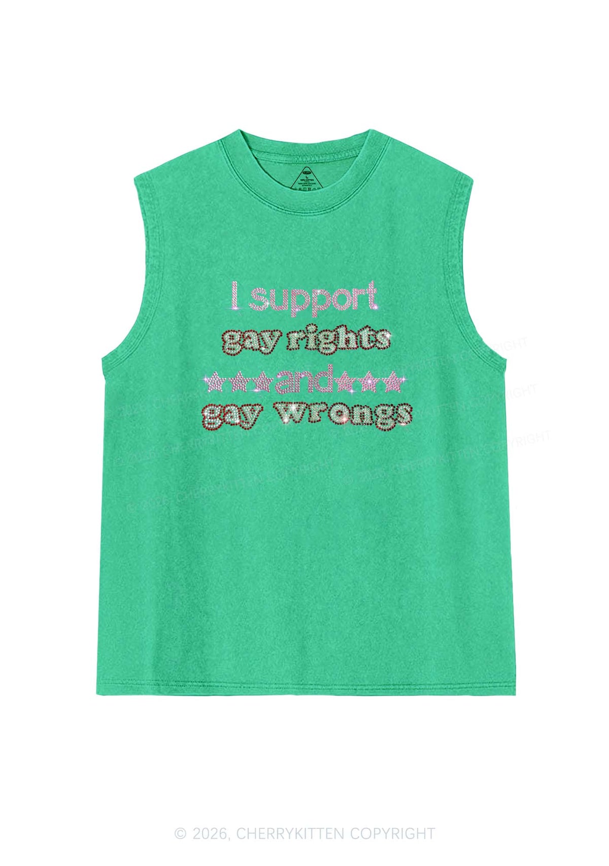 Rhinestone I Support Gay Rights Y2K Washed Muscle Tank Cherrykitten