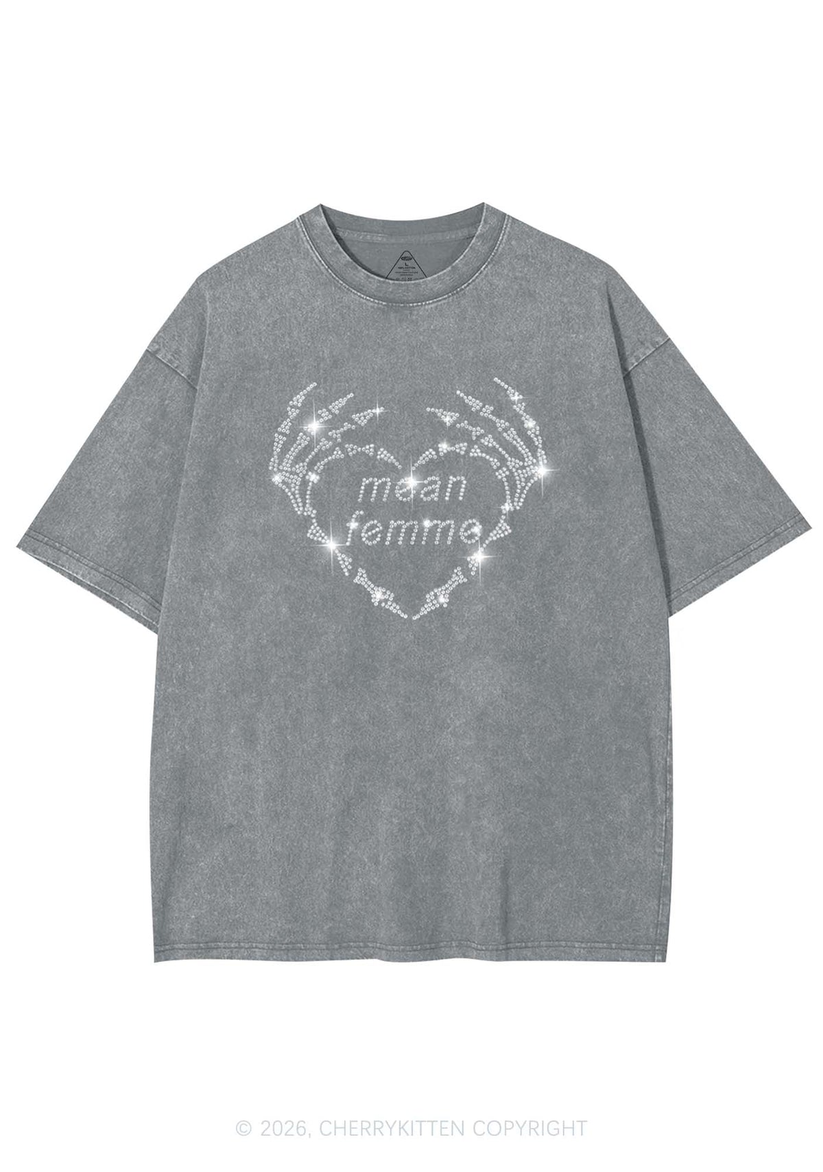 Rhinestone Mean Femme Skeleton Heart Pride Y2K Shirts Washed Tee Cherrykitten