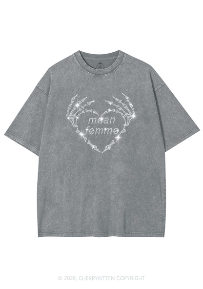 Rhinestone Mean Femme Skeleton Heart Pride Y2K Shirts Washed Tee Cherrykitten
