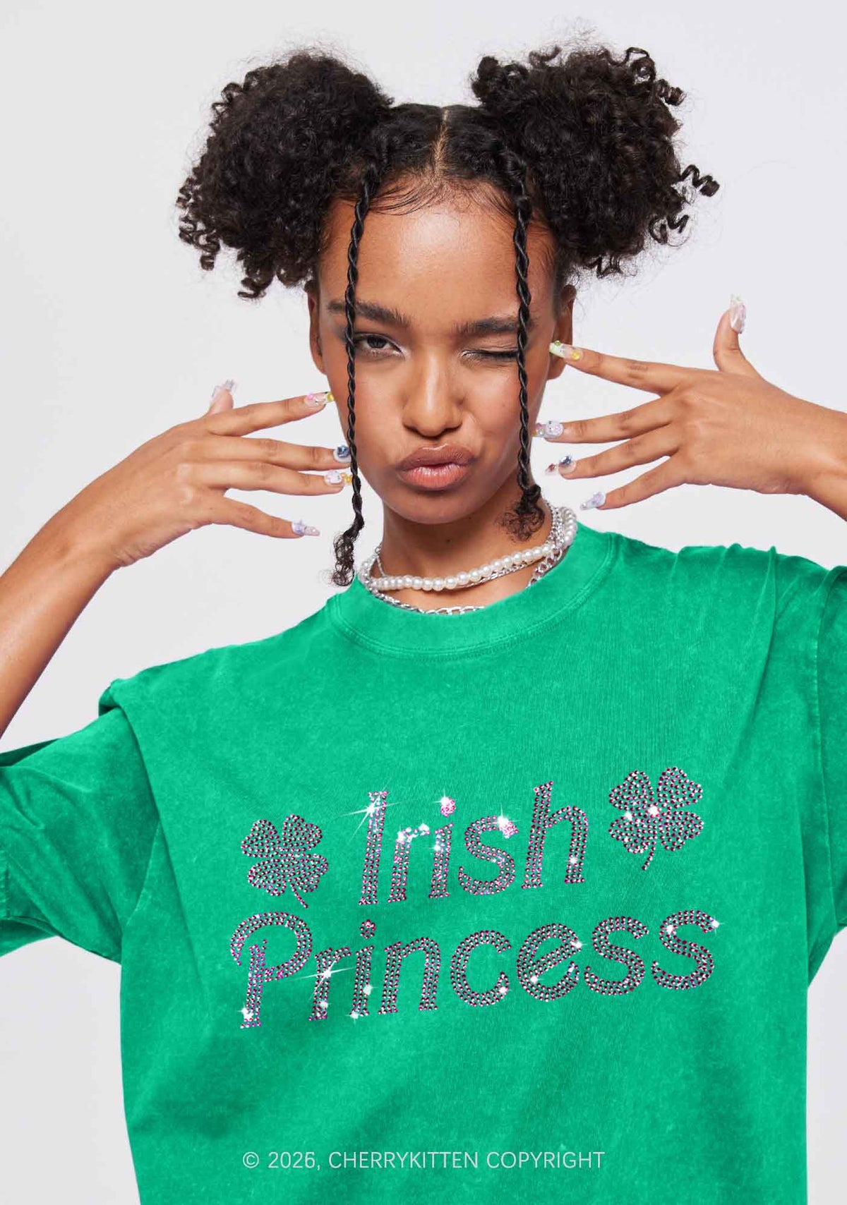 Rhinestone Irish Princess St Patricks Y2K Shirts Washed Tee Cherrykitten
