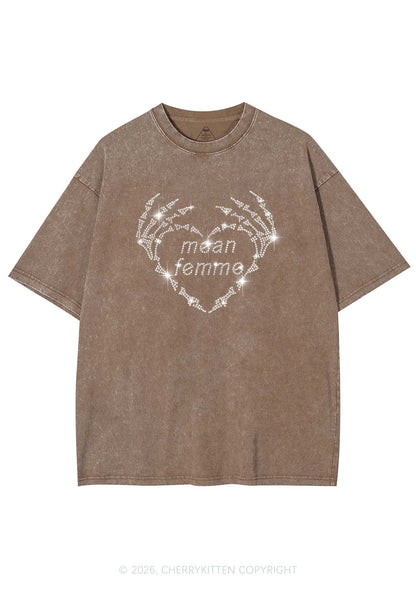 Rhinestone Mean Femme Skeleton Heart Pride Y2K Shirts Washed Tee Cherrykitten