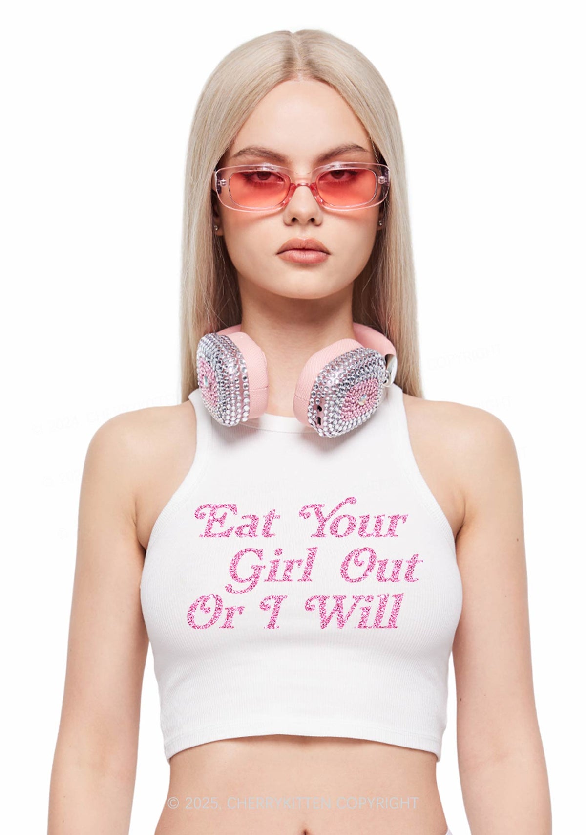 Glitter Eat Your Girl Out Y2K Crop Tank Top Cherrykitten