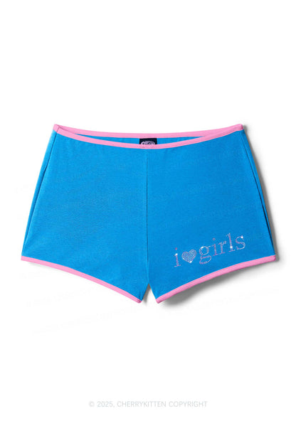 Rhinestone Pink I Love Girls Y2K Booty Shorts Cherrykitten