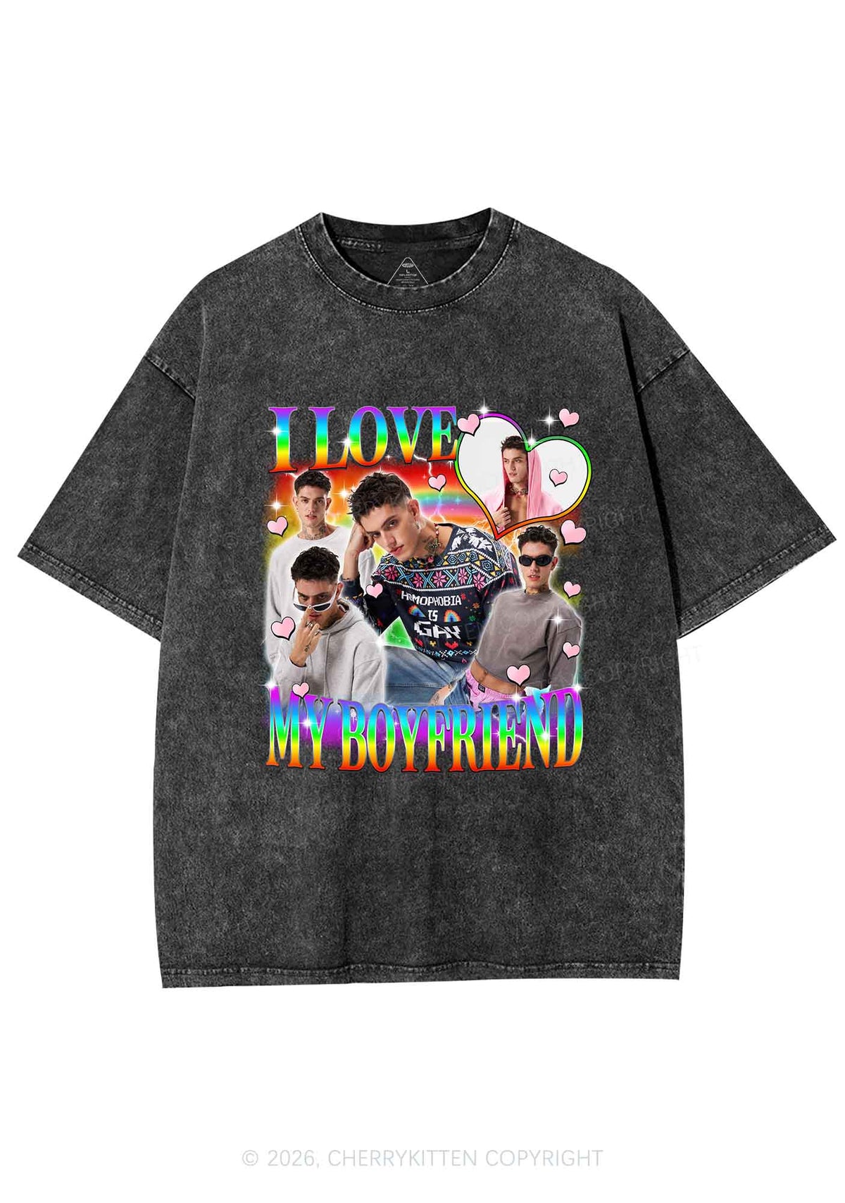 Custom I Love My Gay BF Pride Y2K Shirts Washed Tee Cherrykitten