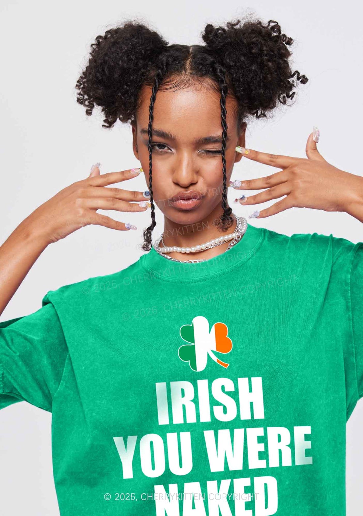 Irish You Were Naked St Patricks Y2K Shirts Washed Tee Cherrykitten