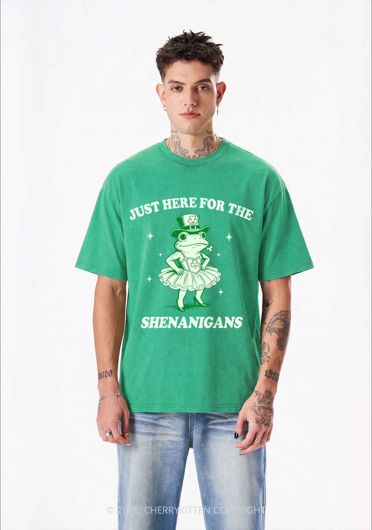 Just Here For The Shenanigans St Patricks Y2K Shirts Washed Tee Cherrykitten