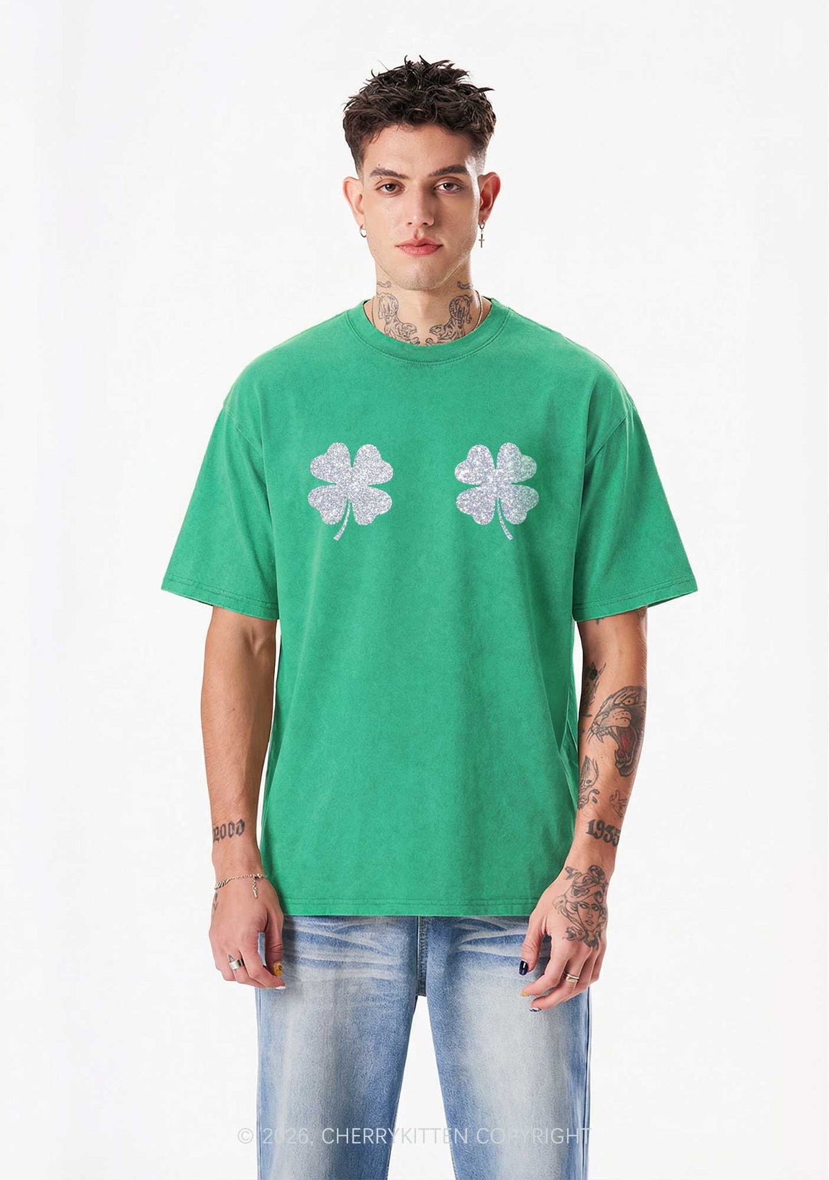 Glitter Four Leaf Clover St Patricks Y2K Shirts Washed Tee Cherrykitten