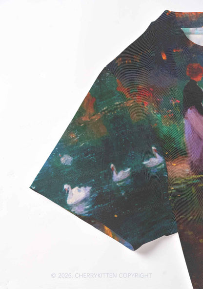 Sunset Pond Swans Pride Y2K Mesh Crop Top Cherrykitten