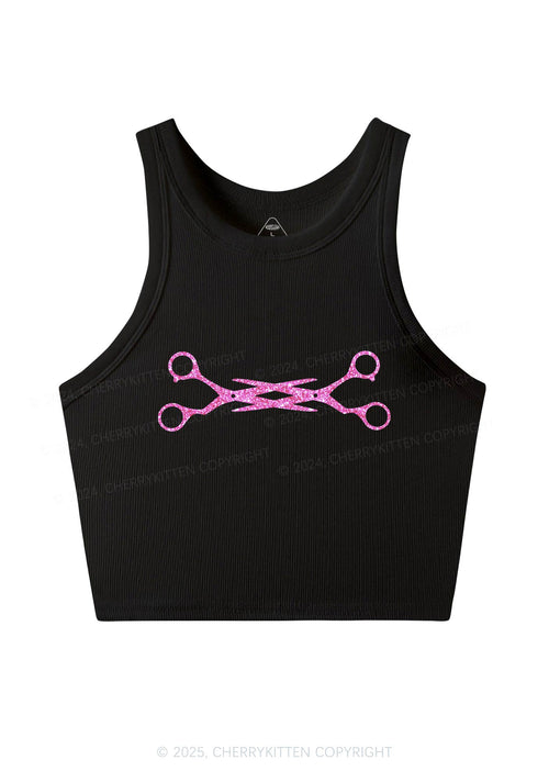 Glitter Pink Scissor Pride Y2K Crop Tank Top Cherrykitten