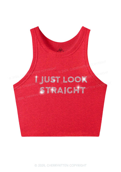 Rhinestone I Just Look Straight Pride Y2K Crop Tank Top Cherrykitten