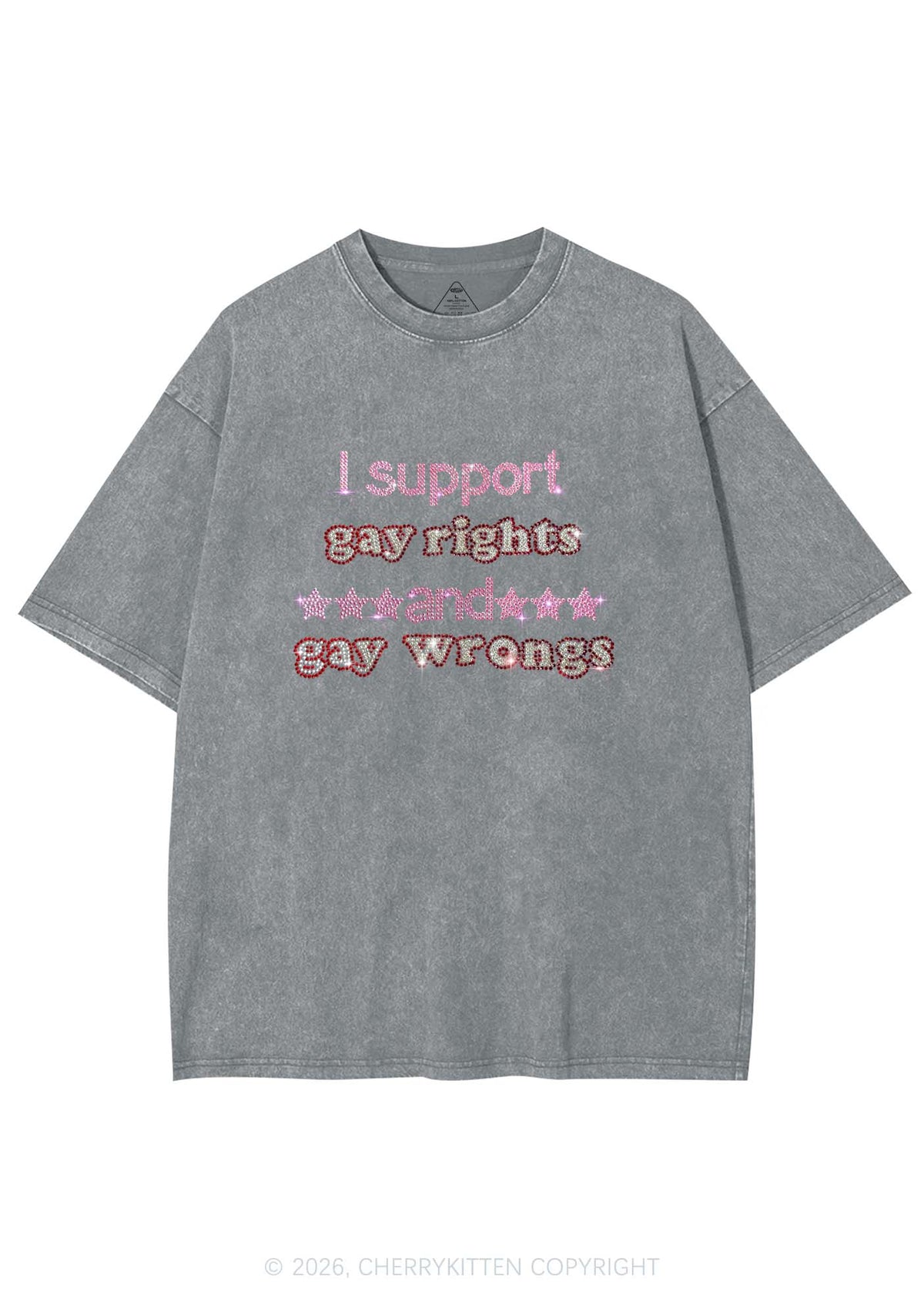 Rhinestone I Support Gay Rights Y2K Shirts Washed Tee Cherrykitten