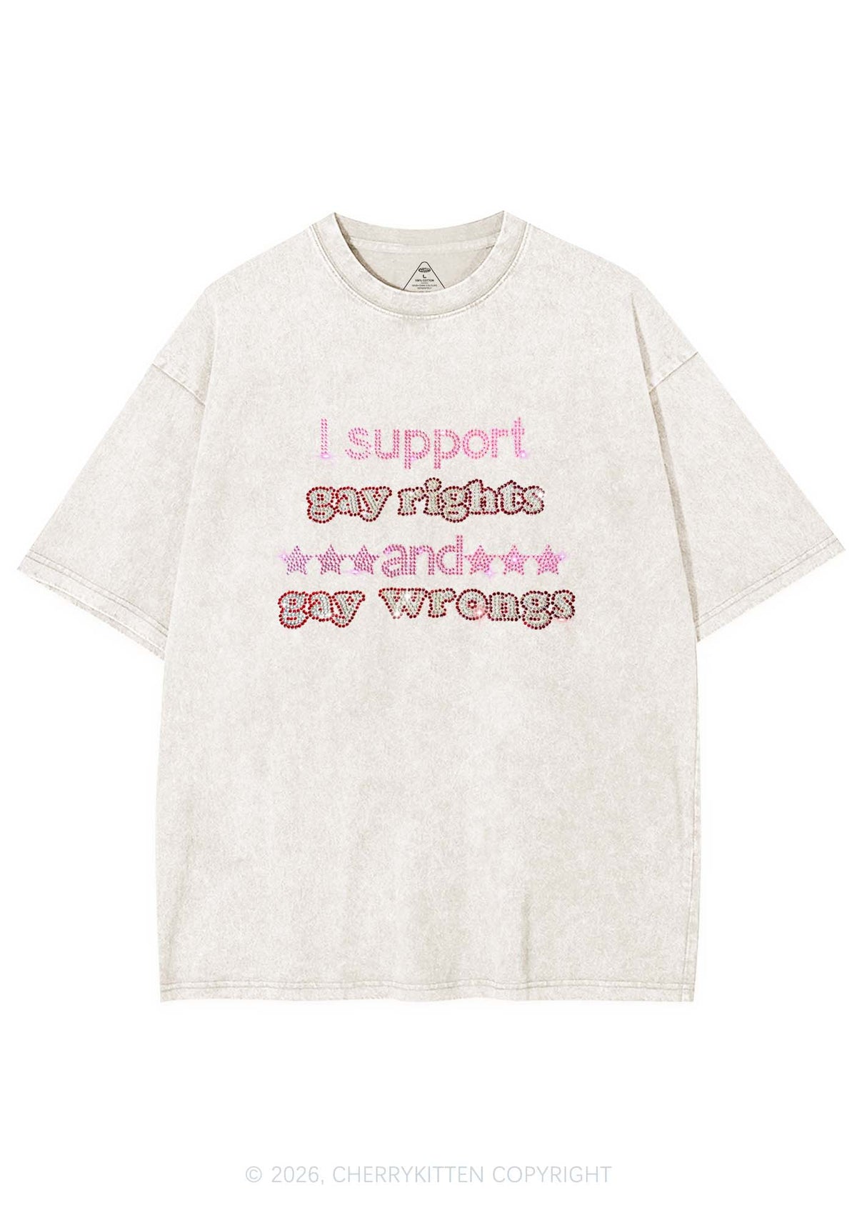 Rhinestone I Support Gay Rights Y2K Shirts Washed Tee Cherrykitten