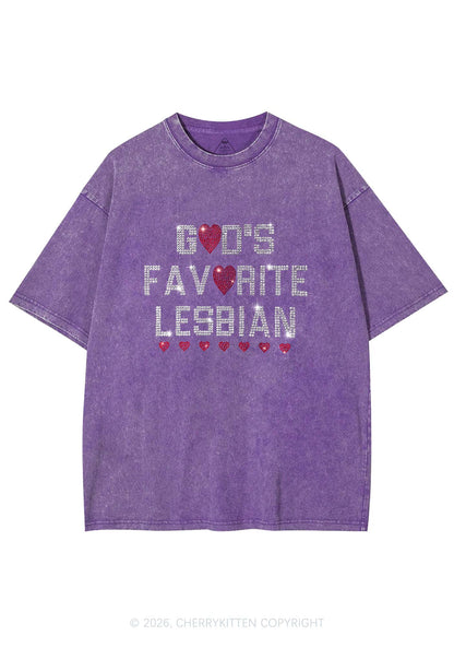 Rhinestone Gods Favorite Lesbian Pride Y2K Shirts Washed Tee Cherrykitten