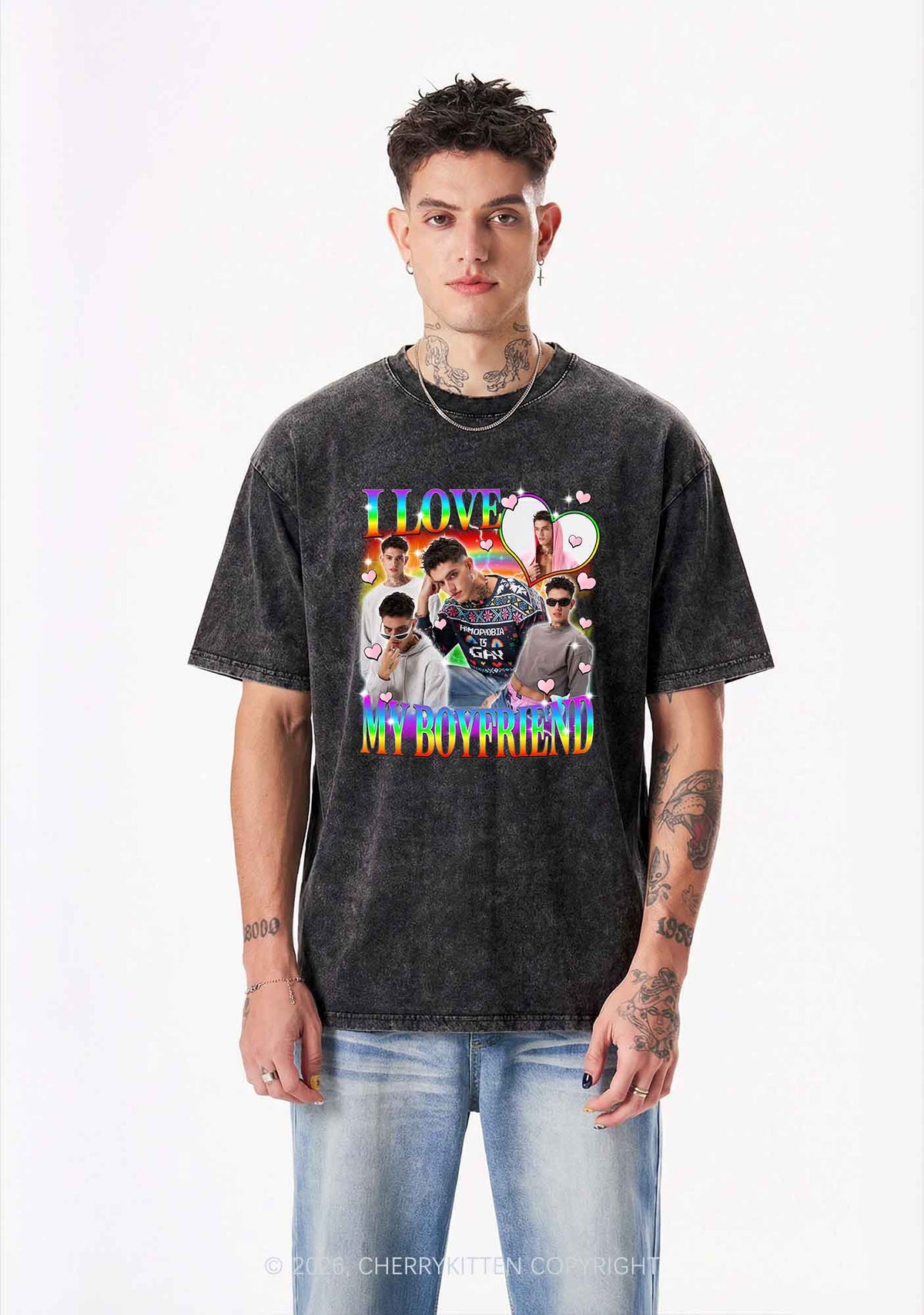 Custom I Love My Gay BF Pride Y2K Shirts Washed Tee Cherrykitten