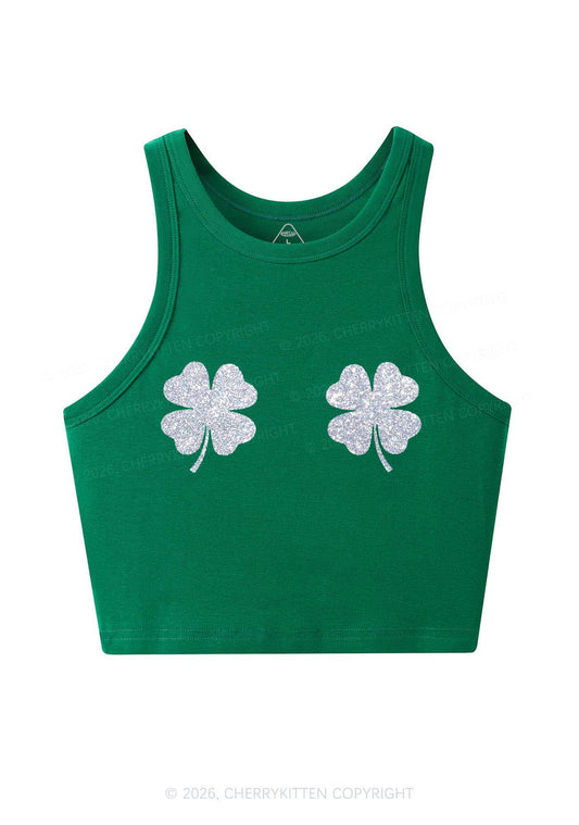 Glitter Four Leaf Clover Y2K Crop Tank Top Cherrykitten