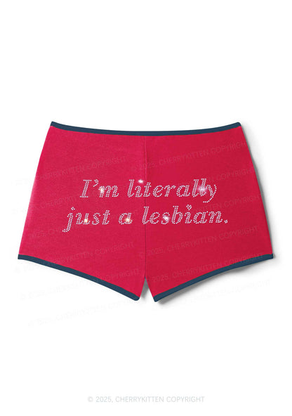 Rhinestone Literally Just A Lesbian Pride Y2K Booty Shorts Cherrykitten