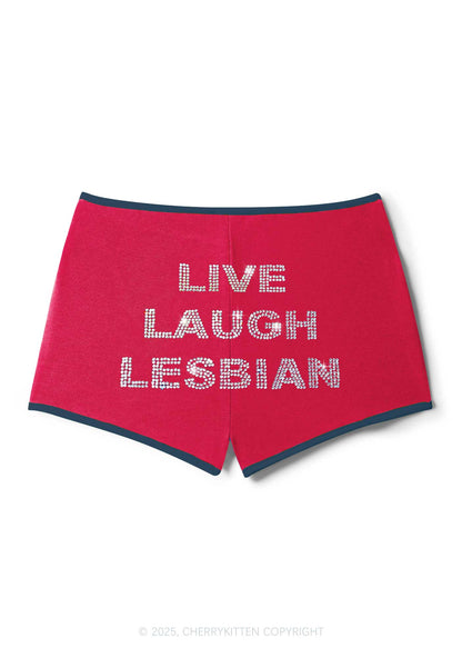 Rhinestone Live Laugh Lesbian Pride Y2K Booty Shorts Cherrykitten