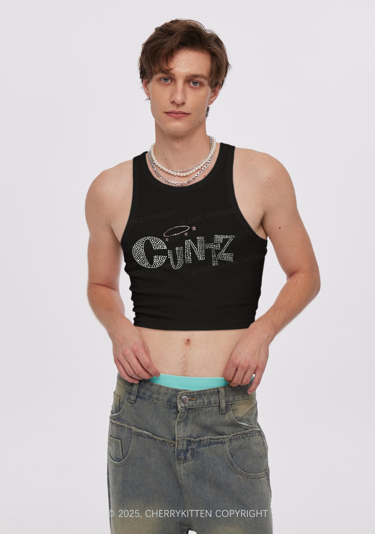 Rhinestone Cxntz Y2K Crop Tank Top Cherrykitten