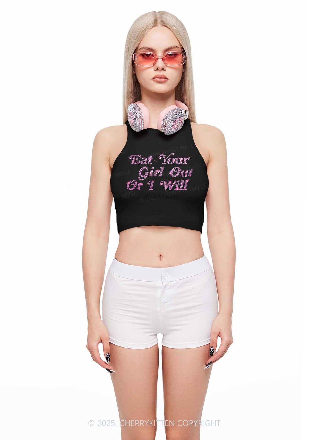 Rhinestone Eat Your Girl Out Y2K Crop Tank Top Cherrykitten