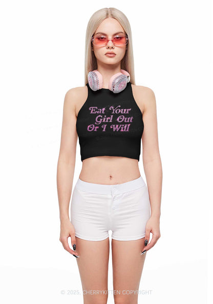Rhinestone Eat Your Girl Out Y2K Crop Tank Top Cherrykitten
